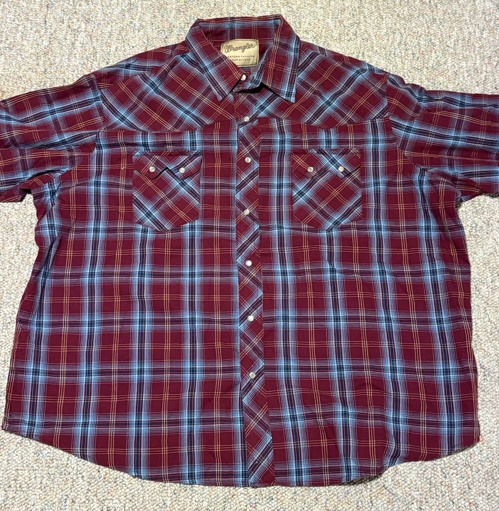 Wrangler Western Shirts Adult 2XL Red/Blue Plaid Shirt with Pearl Snaps